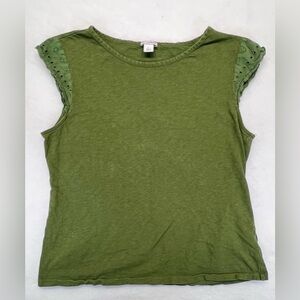 J. By J Crew Olive Green T-shirt With Eyelit Sleeves; Size Large